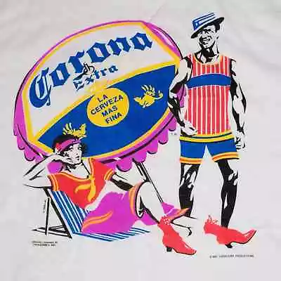 Vintage 80s Corona Extra Beer Sz L Roaring 20s Beach Scene T-shirt 2 • $39.95