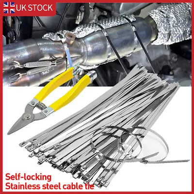 200x Stainless Steel Metal Cable Ties Zip Wrap Exhaust Heat Straps + Scissors • £13.49