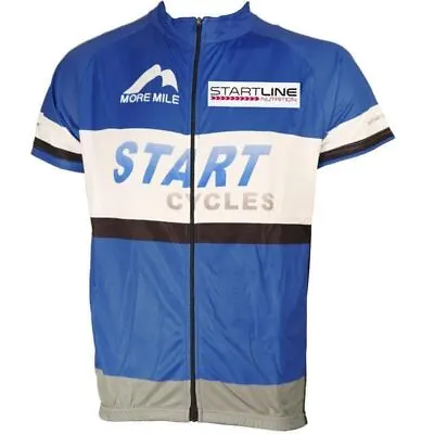 More Mile Mens Short Sleeve Cycling Jersey Blue Team Start Cycles Full Zip Top • £4.50