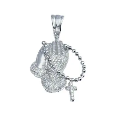 Men's Sterling Silver Prayer Hand W/Rosary Hip Hop Micro Pave CZ Stones Pendant  • $34.99