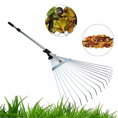 Adjustable Telescopic Metal Garden Rake Tools Leaf Telescopic Handle Lawn Grass • £7.99