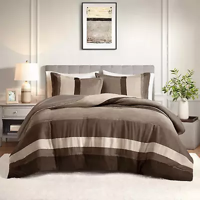 King Comforter Set 3 Piece Luxe Microsuede Pieced Design Color Block Stripes B • $142.22