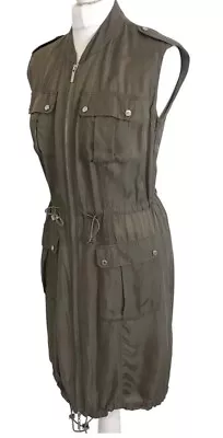 Karen Millen Parker Safari Dress Khaki Green Size 10 Full Zip Drawstring • £25