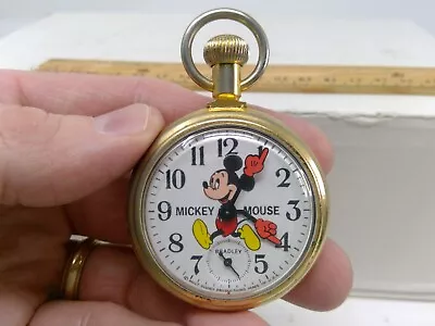 Walt Disney Productions Bradley Mickey Mouse Pocket Watch W/ Train On Back WORKS • $74.99