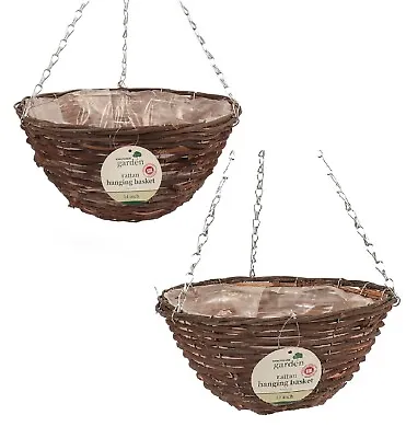 124 Garden Hanging Flower Basket Brown Rattan 12  14  LIned With Chains & Hook • £8.75