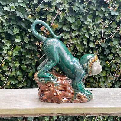 Vintage 12  Green Ceramic Monkey China Three Hands Import Statue Figurine • $40