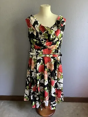 Unique Vintage Floral Swing Dress 3XL Cowl Neck Red Cabbage Roses Black • $29.99