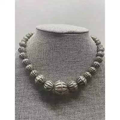 Vintage Navajo Sterling Silver Fluted Bead Necklace Graduated 16 Inches 31.41 G • $275