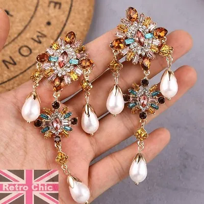 10cm Long MULTI COLOURED CRYSTAL Large EARRINGS Pearl Drops BIG CHANDELIER Retro • £7.99