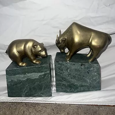 Wall Street Bear And Bull Brass Bookend Set Stock Market Heavy Marble Base • $89