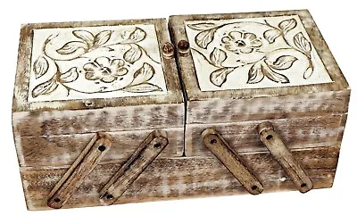 Wooden Shabby Chic Jewellery Trinket Craft Sewing Box Accordion Cantilever • £28.95