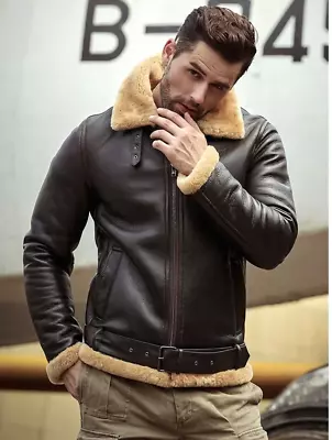 Men’s B3 RAF Bomber Brown Aviator Flying Fur Shearling Real Leather Jacket Coat • $180