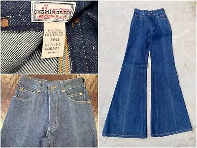 Vintage 70s Wide Bell Bottom Denim Jeans Chemin De Fer Disco/Hippie XXS • $200