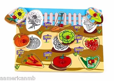 $10 • Buy GARDEN 9pc Shaped Peg Wood Puzzle 11.5x8.5 Educational Toy Wooden Game Age 3+