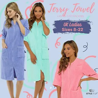 £21.99 • Buy Ladies Zip Through Terry Towelling Bath Robe Cotton Loungewear Dressing Gown