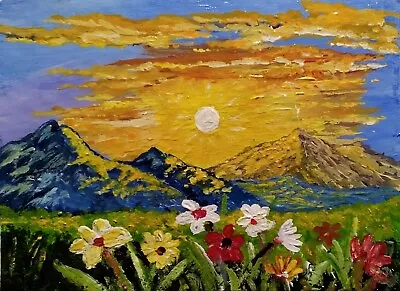 ACEO Original Sunrise On The Mountains And Flowers By Artistnelson • $7.10