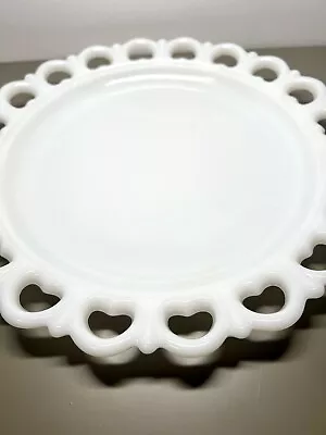 Vtg Lg 13inch Anchor Hocking Heart Lace Edge Milk Glass Cake Torte Plate • $24