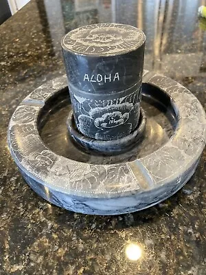 Vintage Etched Black Marble Ashtray Aloha Hawaiian Cigarette Ashtray 8” • $16.26