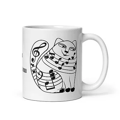 Music Cat Harmony: White Glossy Mug With Playful Feline Design - Sip In Style! • $16