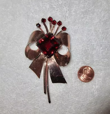 Large Hobe ? Mazer ? Bow Brooch Red Crystal Gilded Sterling Silver 1940s Superb! • $145