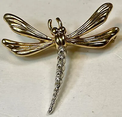 Dragonfly 14k Two Tone Yellow & White Gold Diamond Pin By Carla Vintage 4.3g • $278.33