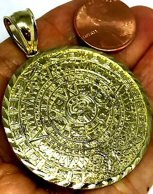 $539 • Buy GOLd Aztec Pendant Calendario Azteca 10k Solid Necklace Mayan Mexico Oro 2.25 