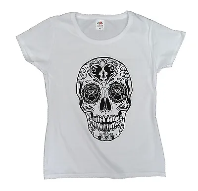 £5 • Buy Dia De Los Muertos Skull T Shirt, Cool Women's Fitted White Tee 