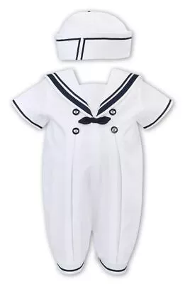 Sarah Louise Boys White/Navy Sailor Romper/Hat • £26.99