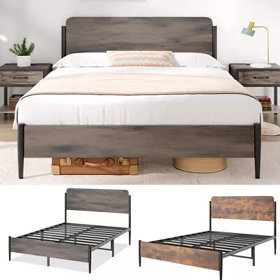 Queen Full Size Bed Frame Industrial Wooden Platform Bed W/  Headboard Footboard • $170.99