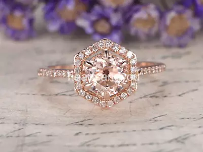 2.29ct Simulated Peach Morganite Ring Simulated Diamond Halo Rose Gold Plated • $99.99