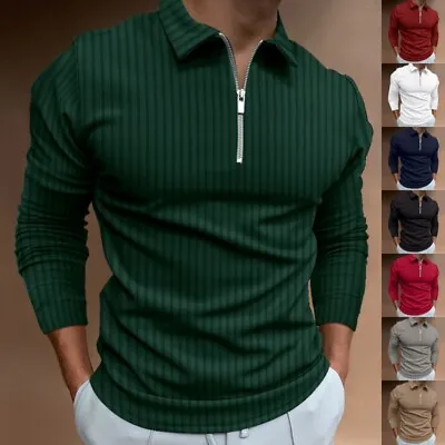 Mens Long Sleeve Polo Shirt Golf Sport Slim Fit Zipper T Shirt Tops Striped Tee • $26.34