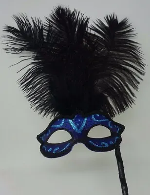 Venetian Masquerade Ball Carnival Mask Hand Held Stick Turquoise Blue & Black • £22.95