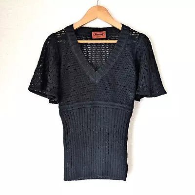 MISSONI Sweater Crochet V-Neck Wool/Rayon/Mohair Size 38 Black Made In Italy • $89