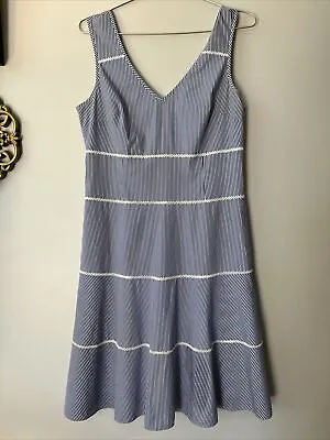 $15 • Buy Nine West Womens Blue White Striped Tiered Back Zip Fit & Flare Dress Sz 8 EUC