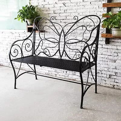 Outdoor Bench Patio Outdoor Garden Bench Butterfly Cast Iron Metal With Armrests • $149.49