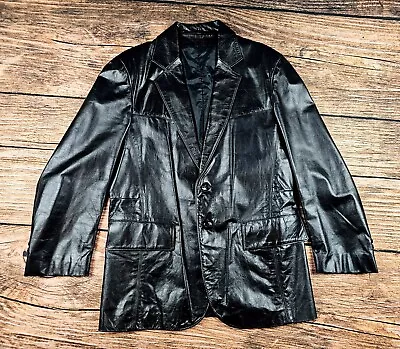 VTG The Leather Shop Sears Men 42R Black Genuine Leather Blazer Jacket Argentina • $59.99