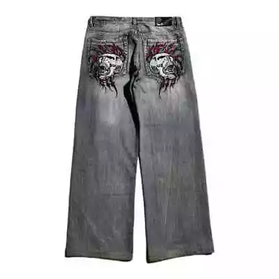 Skull Embroidered Loose Fit Jeans Washed Y2K Baggy (SIZING IN DESCRIPTION) • $50