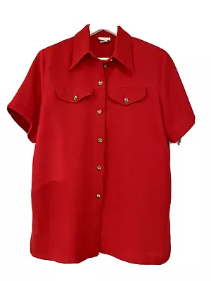 Vintage Red Blouse 80s Style Shoulder Pads Safari Suit Pocket 90s Shirt Size 12 • $18.99