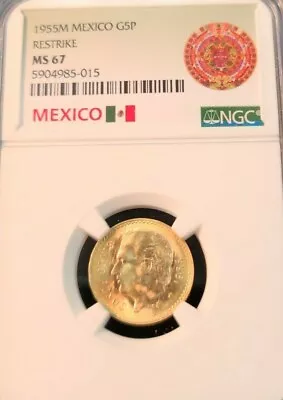 1955 Mexico Gold 5 Pesos G5p Hidalgo Ngc Ms 67 Top Pop Gem Bu Dazzling Luster • $475