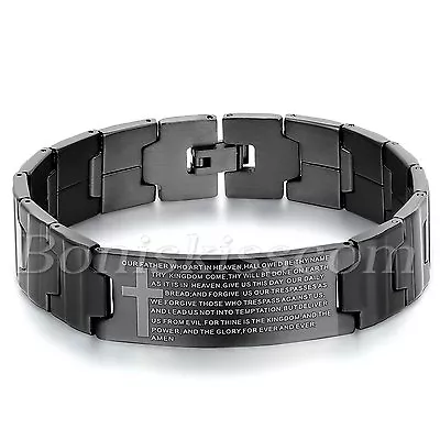 Men Black Stainless Steel Christ Cross English Bible Lords Prayer Chain Bracelet • £8.67