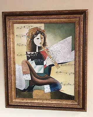 MCM Modernist Style Female Musician Flute Player Painting By B. Adams • $349