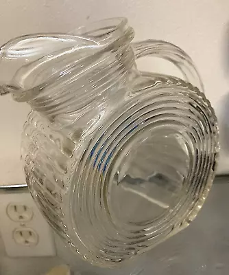 Vintage Mcm Clear Glass Tilted & Round Pitcher - Concentric Circles  Manhattan • $22