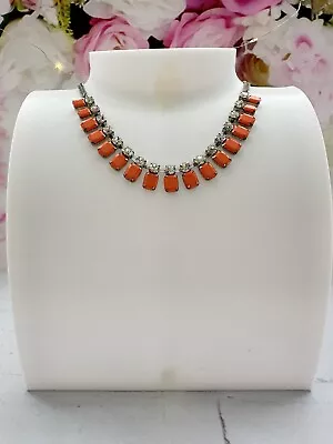 Elegant M&S Necklace Silver Tone Chain Sparkly Stones Salmon Pink Orange Beads • £4