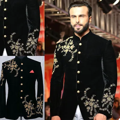 Black Men Suits Beaded Applique Tuxedo Single Breasted Jacket Band Collar Blazer • $91.28