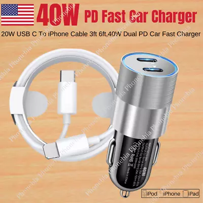 Dual Type C Fast 40W Car Charger Adapter PD Cable For IPhone 14 13 12 11 Pro Max • $10.07