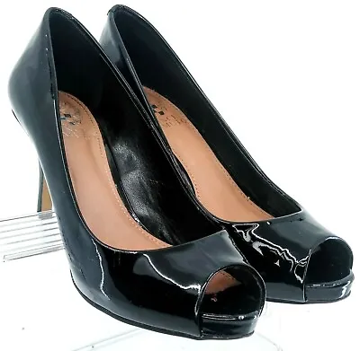 Vince Camuto Kira Pump Women's Sz 6.5 B Black Patent Slip On Peep Toe Heel Shoes • $33.98
