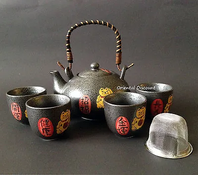 Japanese Ceramic Maneki Neko Lucky Cat Tea Set For Rich Health Fortune Longevity • $28.95