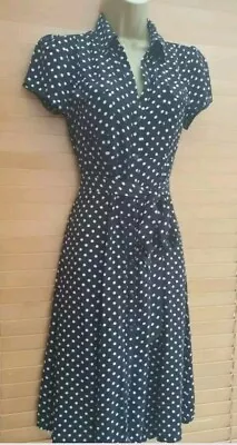 Vintage 40s 50s Style Black White Polka Dot Party Shirt Tea Dress Size UK 12 • £32