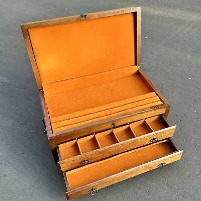 Vintage MCM Walnut Wood 2 Drawer Top Lid Velvet Lined Orange Jewelry Box • $35.95