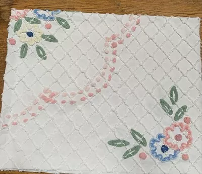 Vintage White Square Flower  Chenille Bedspread FABRIC~18 X 22” • $12.50